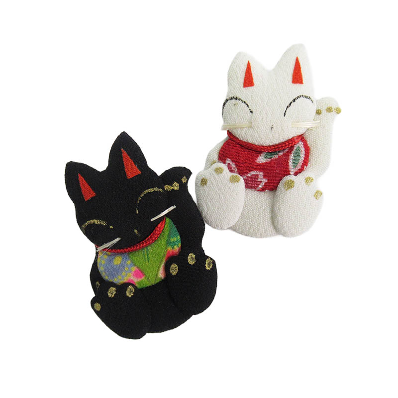 招き猫　押絵ブローチ*白